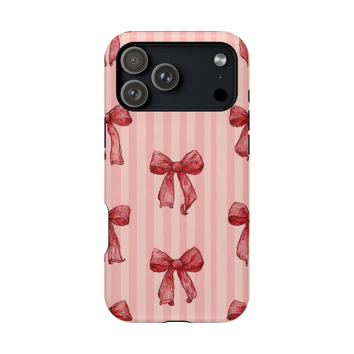 Pink phone case with red striped bow design, back view with camera and cutouts.