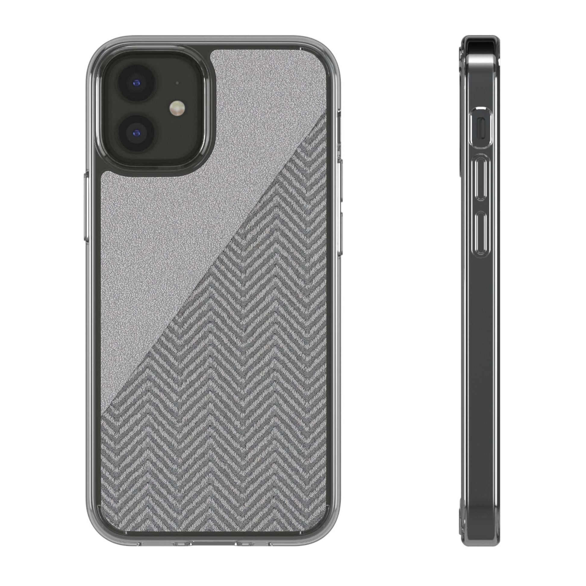 Tough phone case with dark herringbone diagonal texture and clear edge