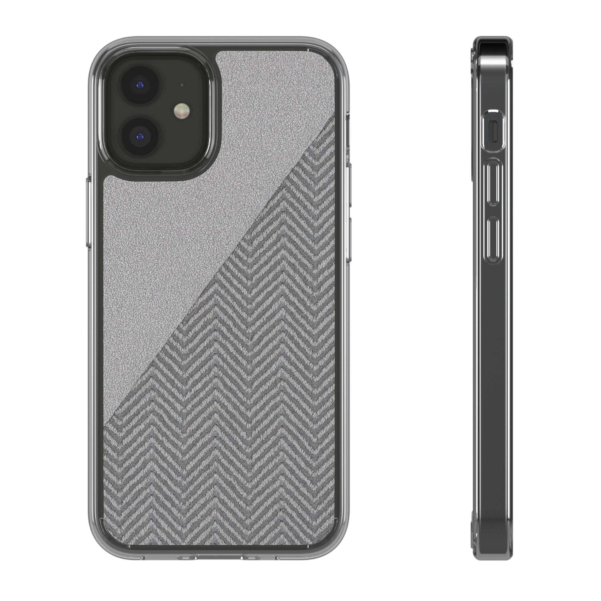 Tough phone case with dark herringbone diagonal texture and clear edge