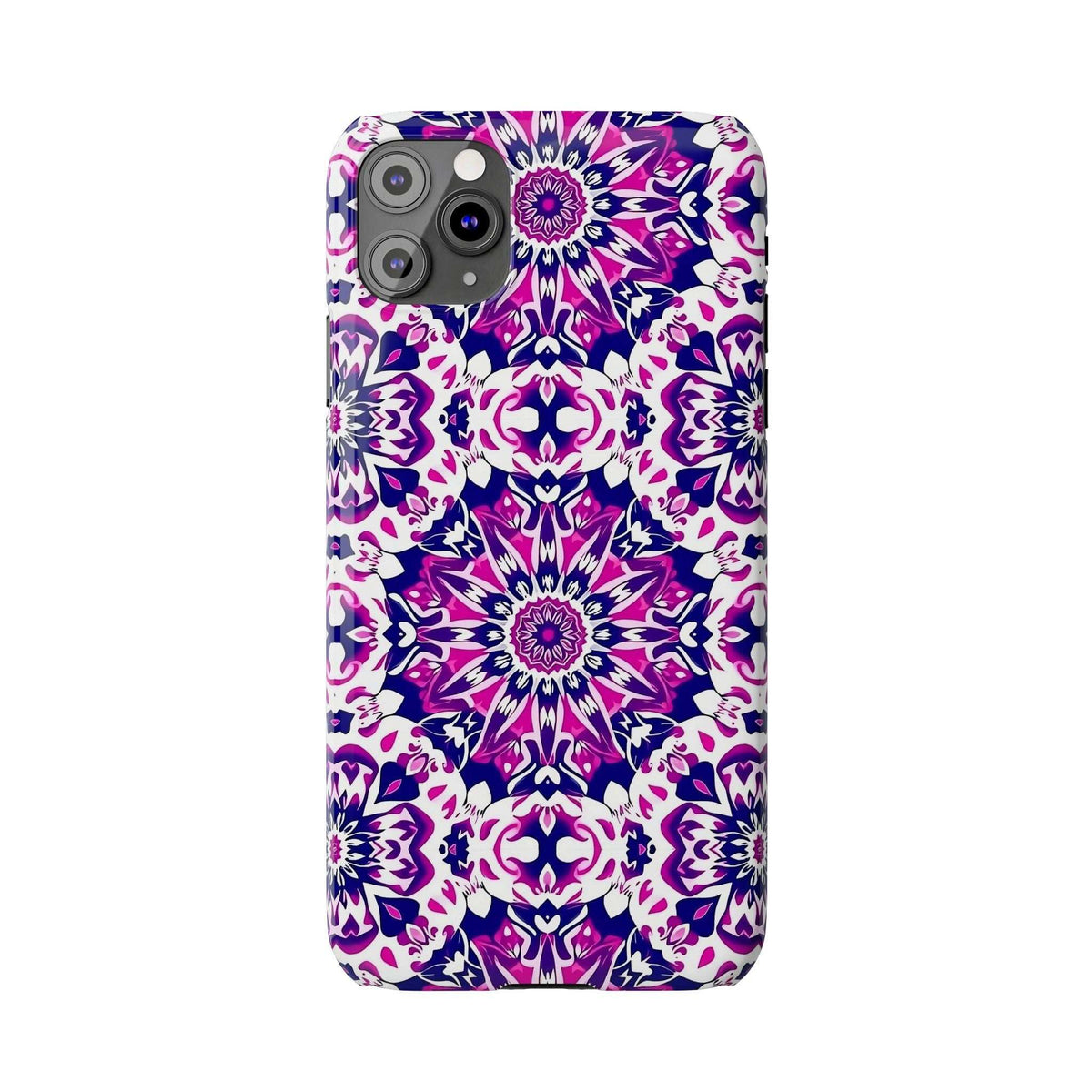 Phone case with bright purple-pink floral mandala artwork and visible camera lens cutouts