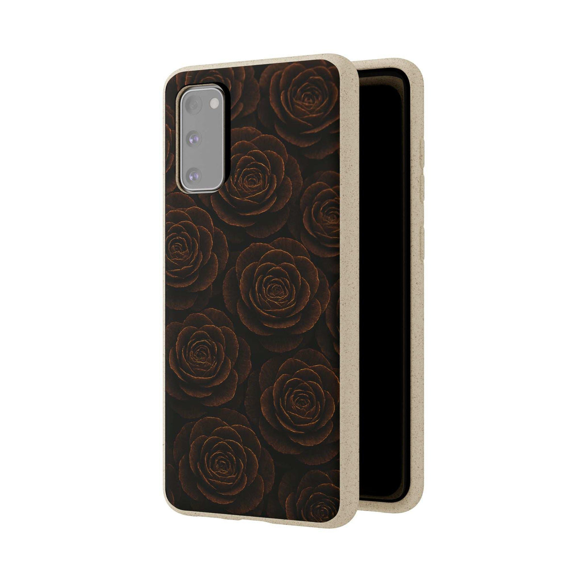 Rose patterned phone case with light wood trim and camera cutout, front view