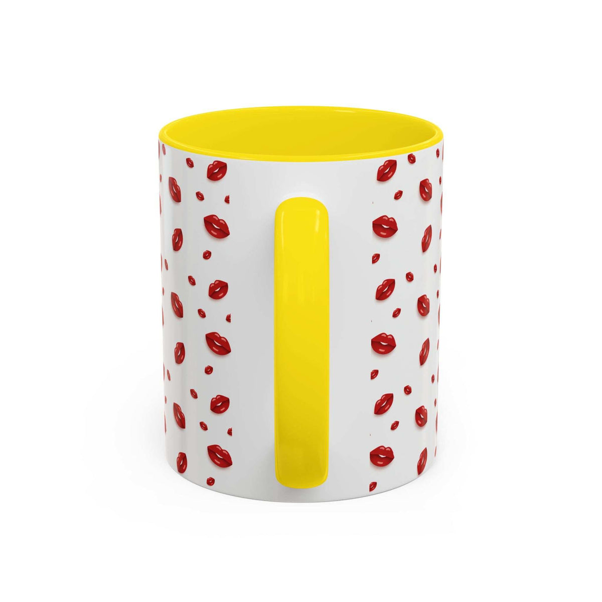 Yellow-accent coffee mug with red lips pattern and vertical yellow accent panel
