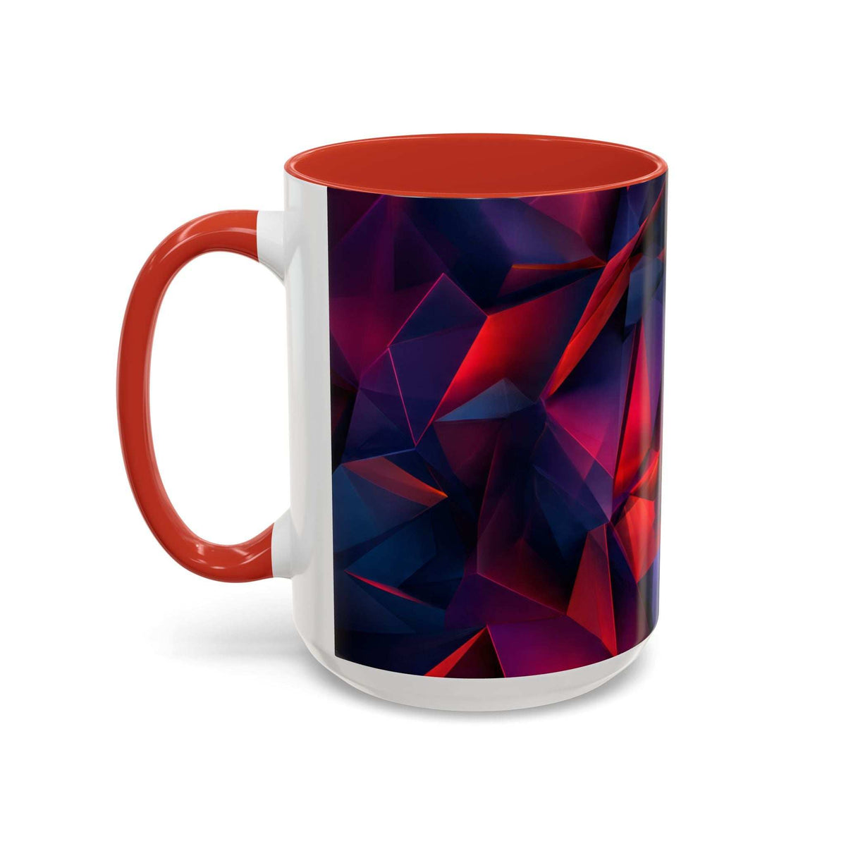 Ceramic mug with orange rim and left-side handle, white body with red and blue geometric print