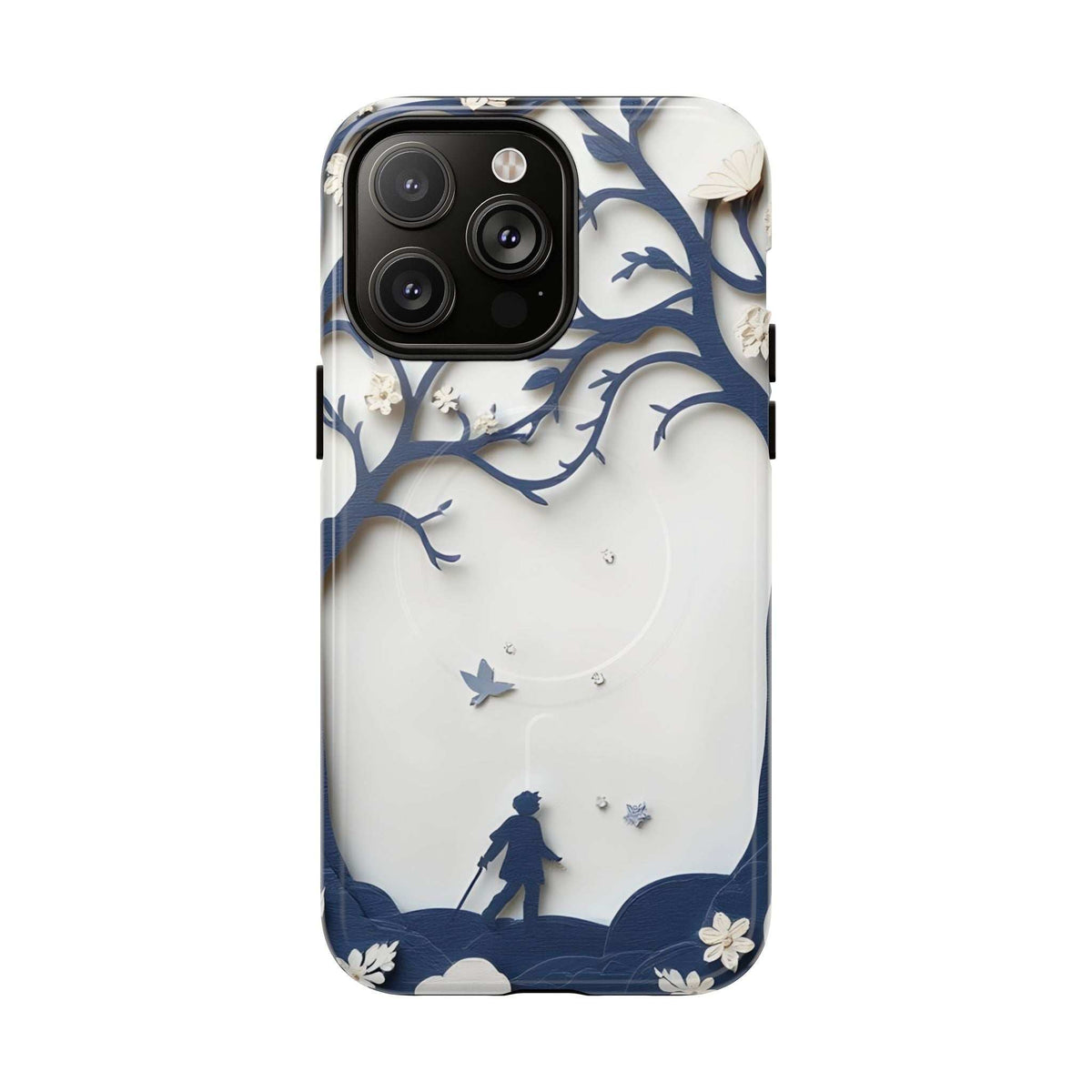 Phone case with blue tree branch silhouette and bird details on white