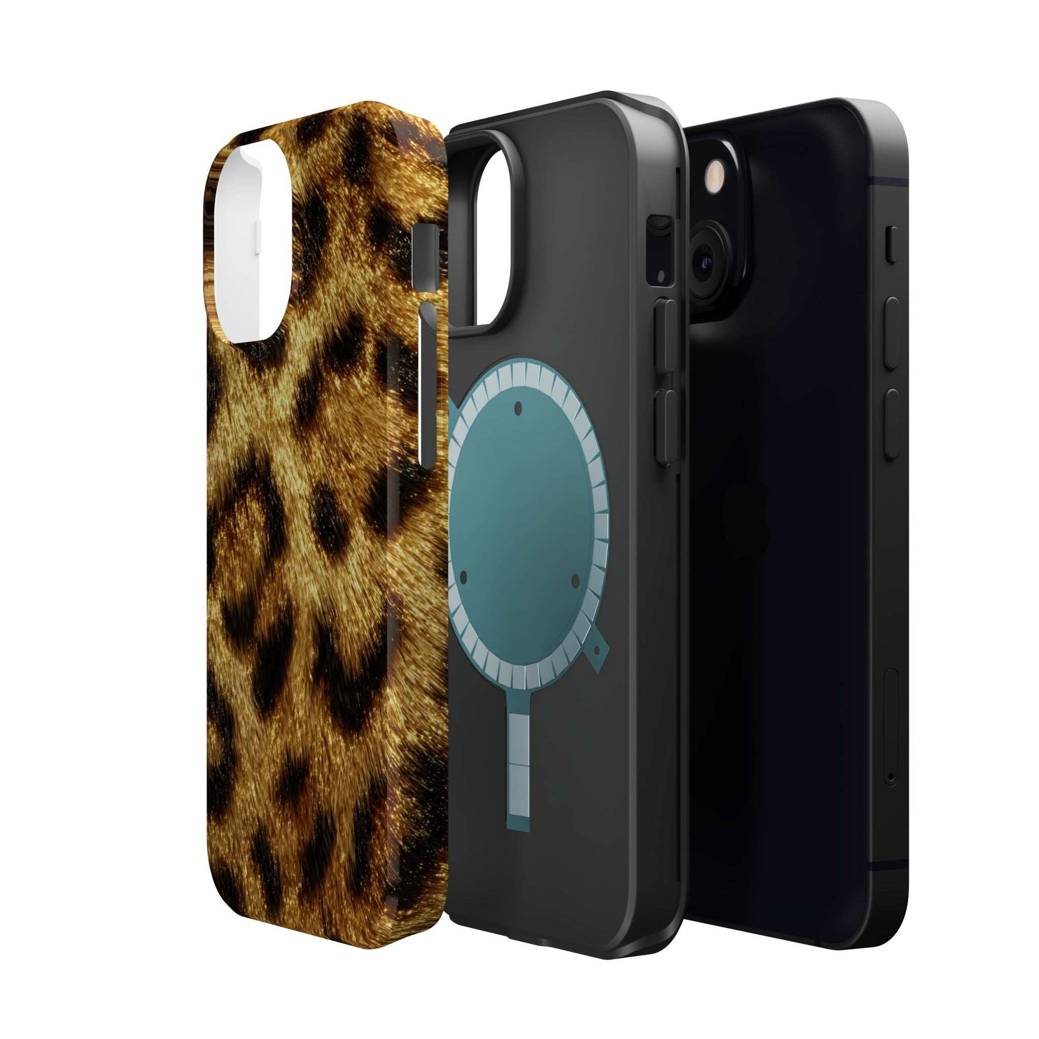 Leopard print glossy phone case close angle, tan and brown leopard spots with cutouts.