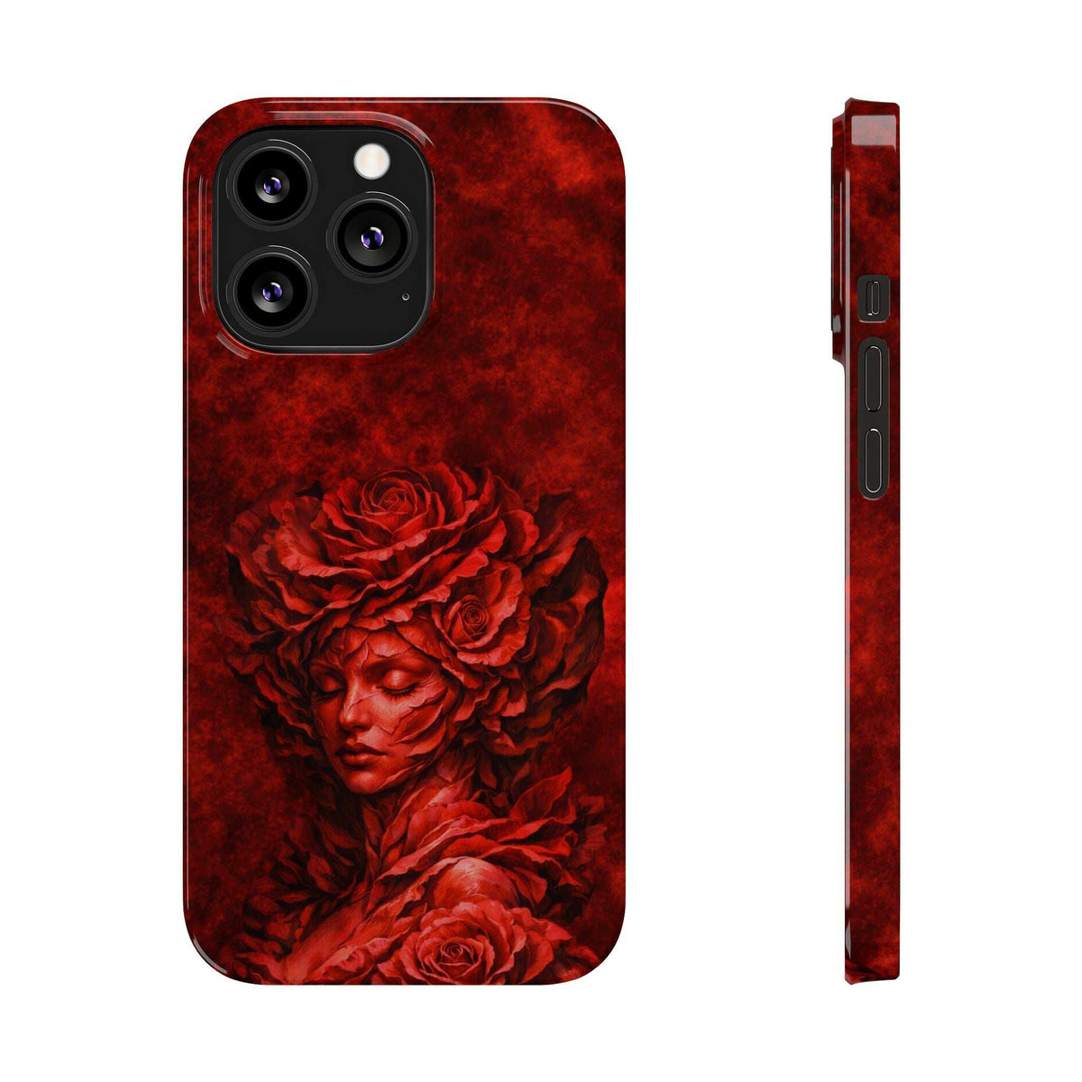 Red slim iPhone case featuring rose-and-woman face artwork with front camera cutouts and side view.