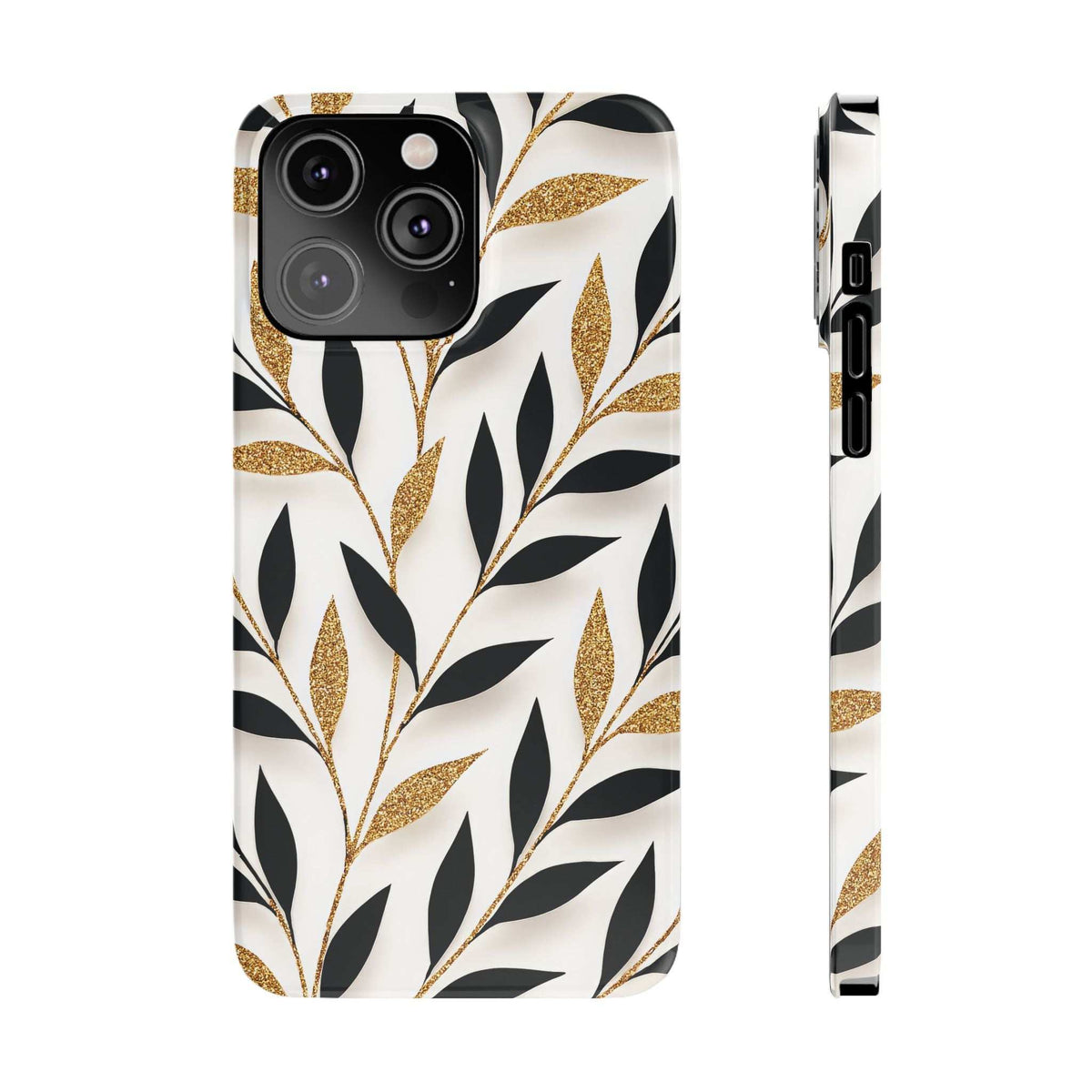 White botanical phone case with black leaf stems and gold glitter highlights; side view included.