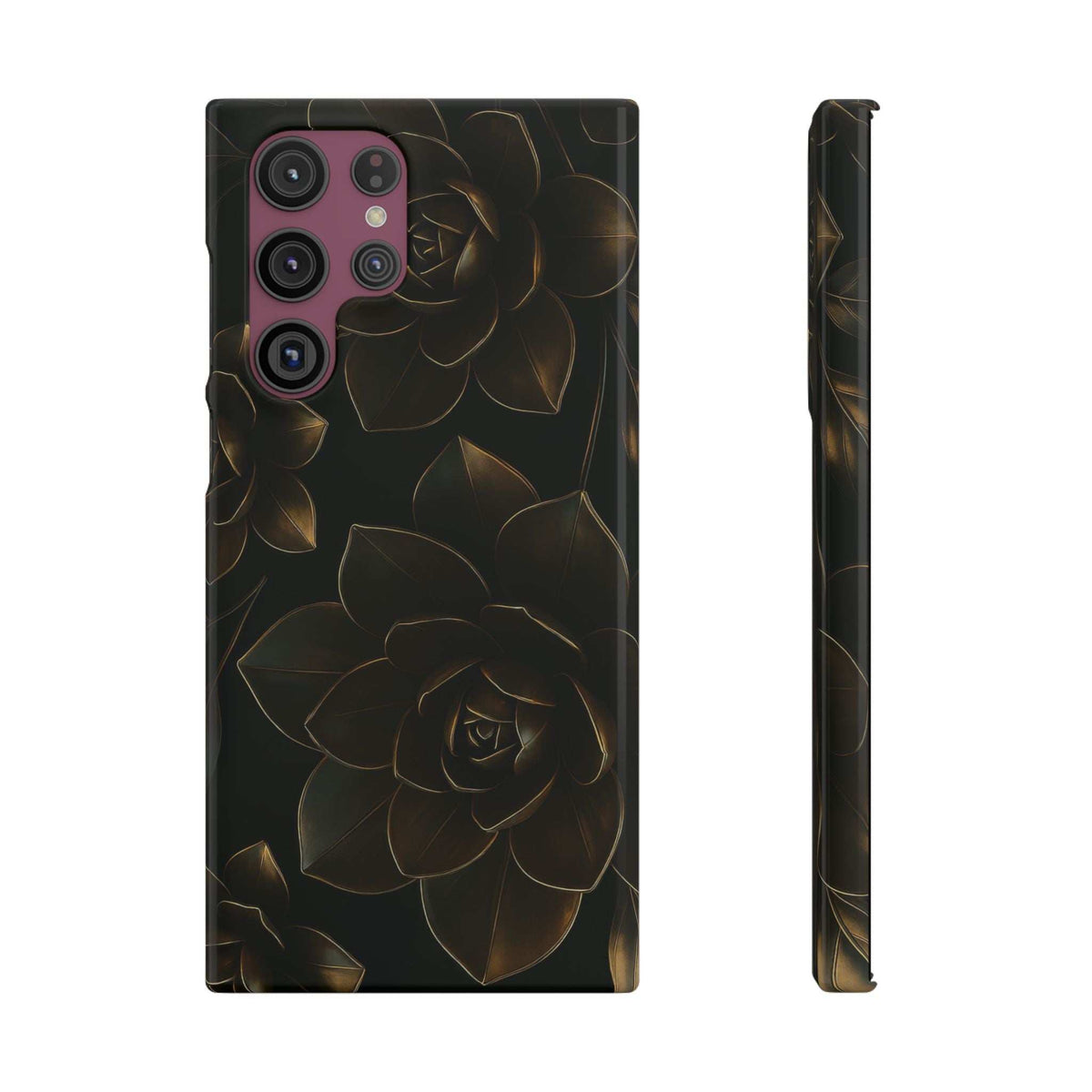 Glossy black phone case with gold rose and leaf metal-flower pattern, back with camera cutouts