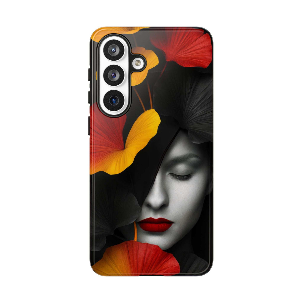 Glossy smartphone case with face artwork, red yellow flowers, and camera cutouts