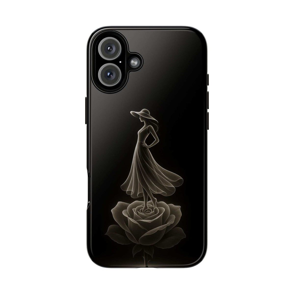 Glossy black phone case with ballerina and rose line art, angled front view