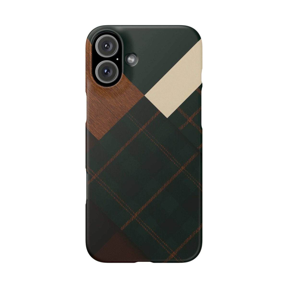 Phone case with dark green tan and plaid pattern; back view with camera openings