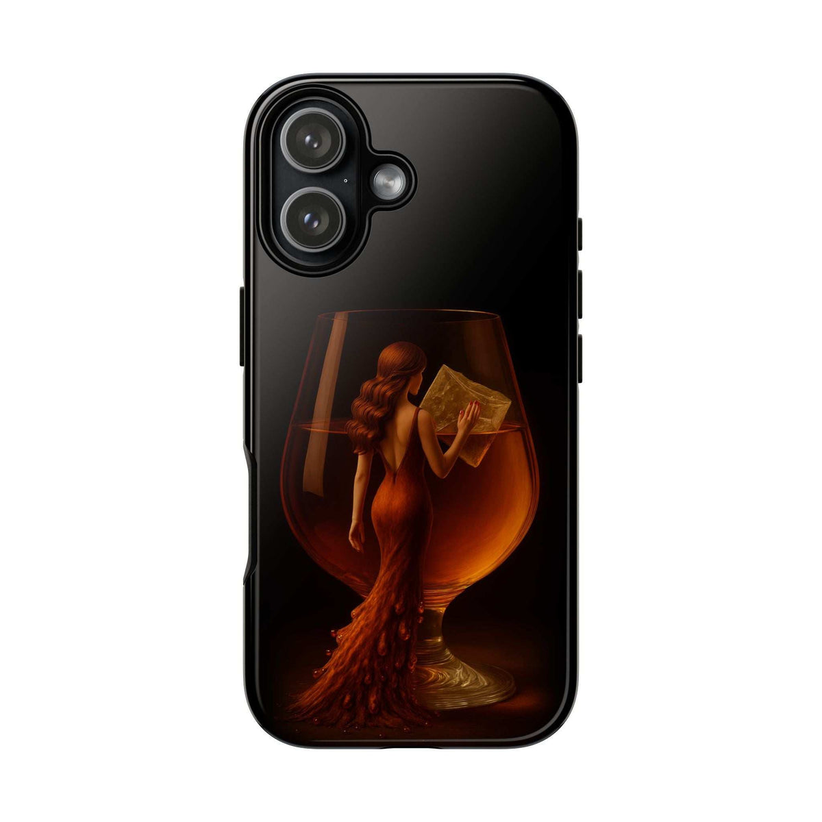 Glossy dark phone case with lady reading an open book and side button cutouts