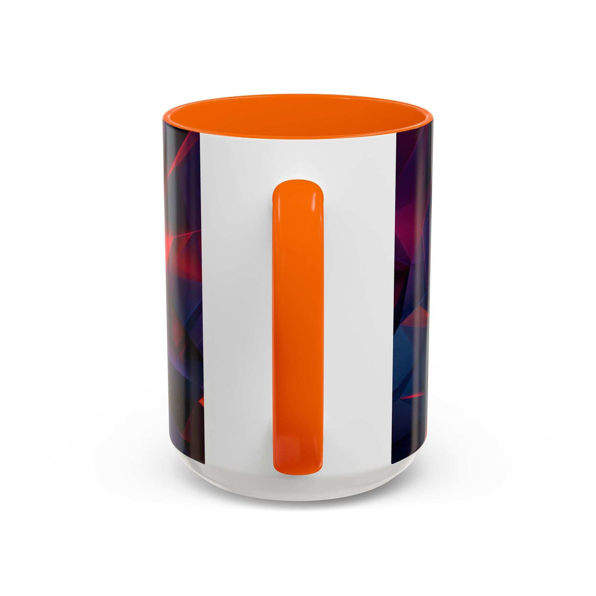 Ceramic mug with orange handle and lid; white panel with orange vertical accent