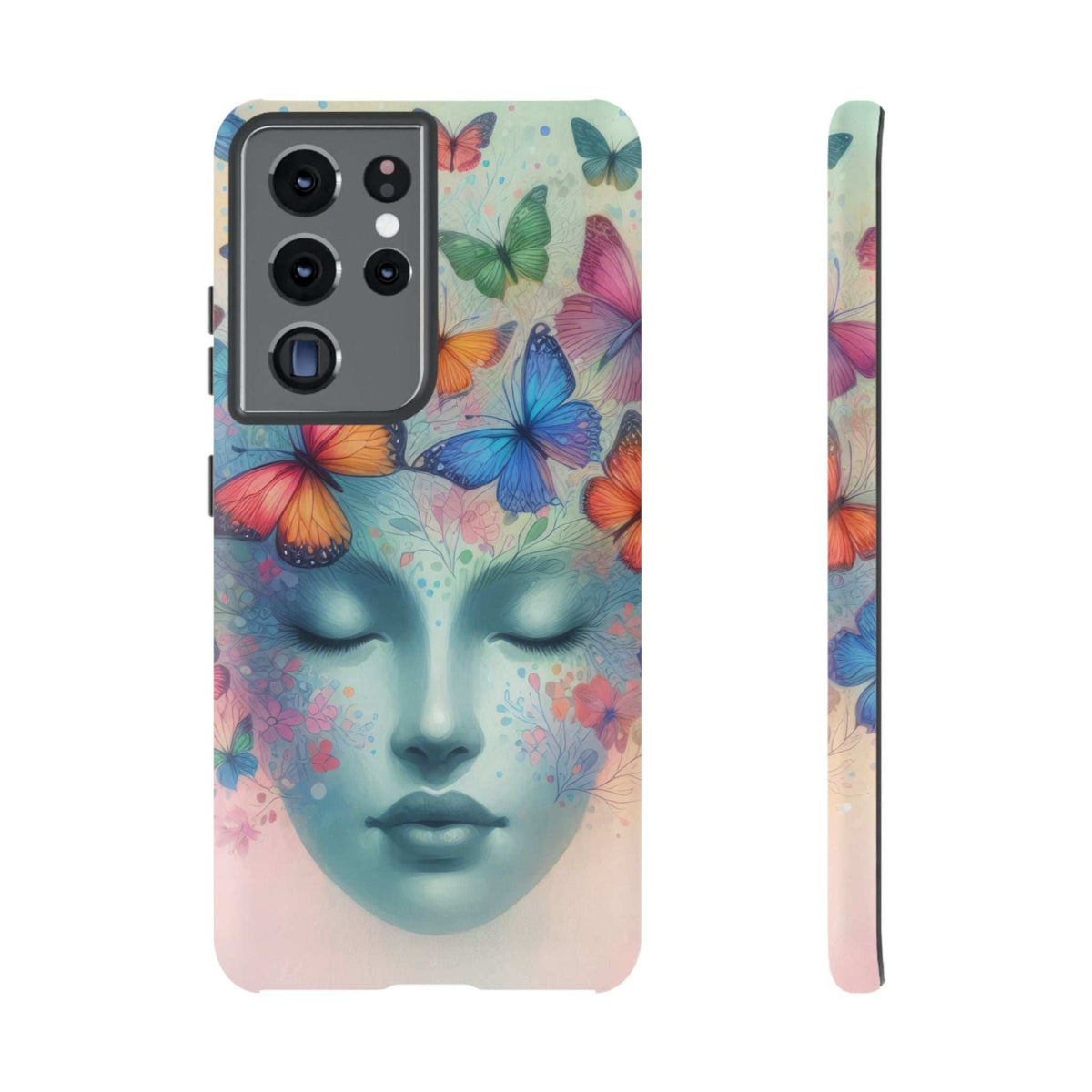Phone case with butterfly and floral face design, textured edges around cameras