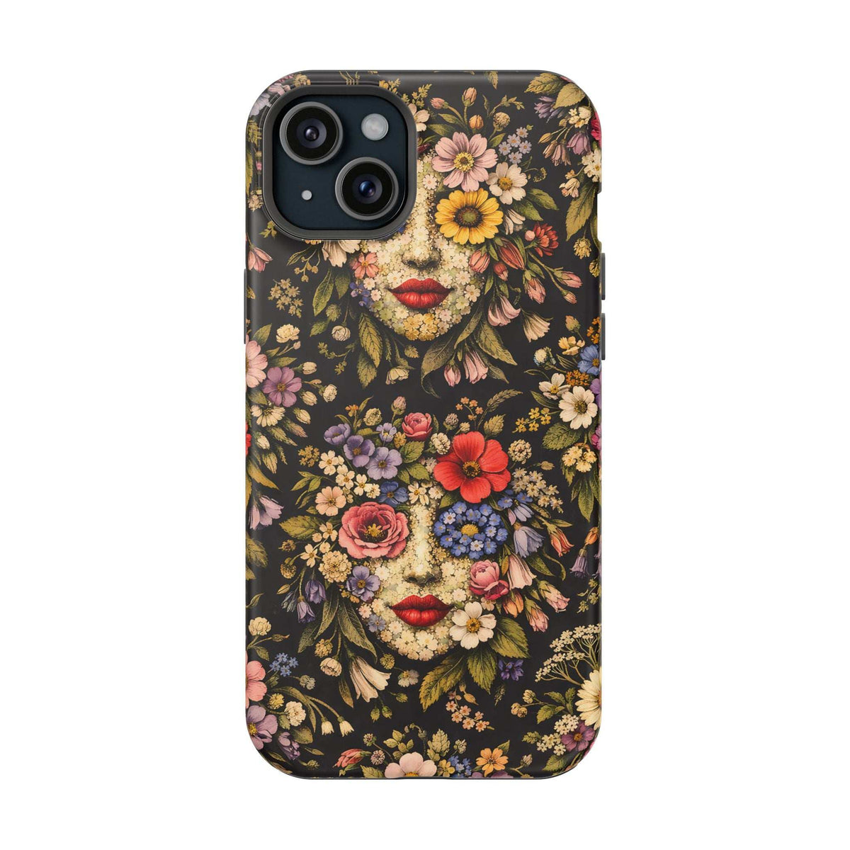 Printed phone case with vintage woman-face illustration surrounded by flowers; dark floral pattern