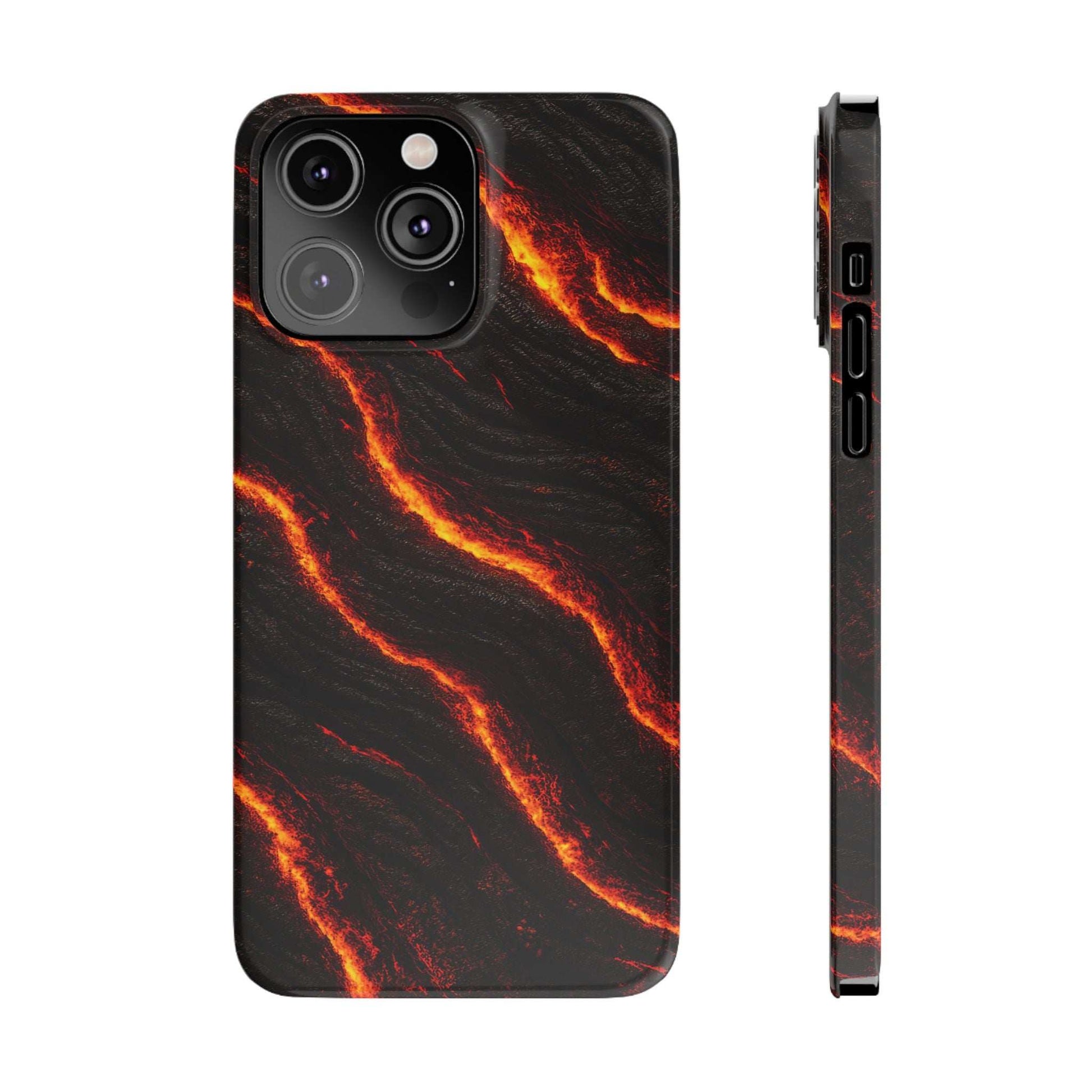 Black phone case with orange lava flow pattern; camera lenses and side ports visible.