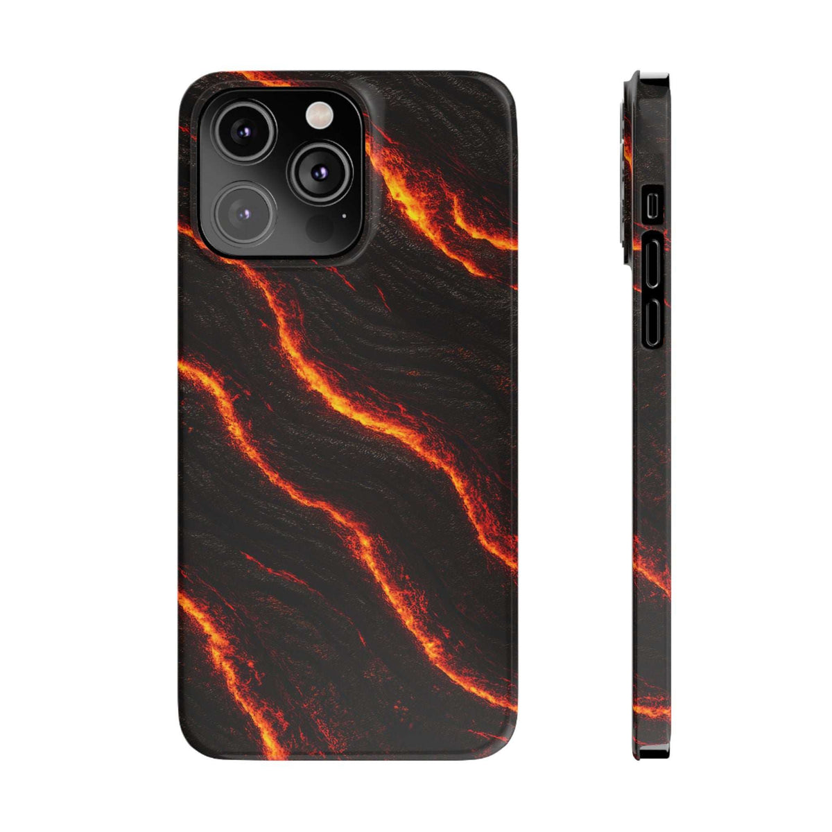 Black phone case with orange lava flow pattern; camera lenses and side ports visible.