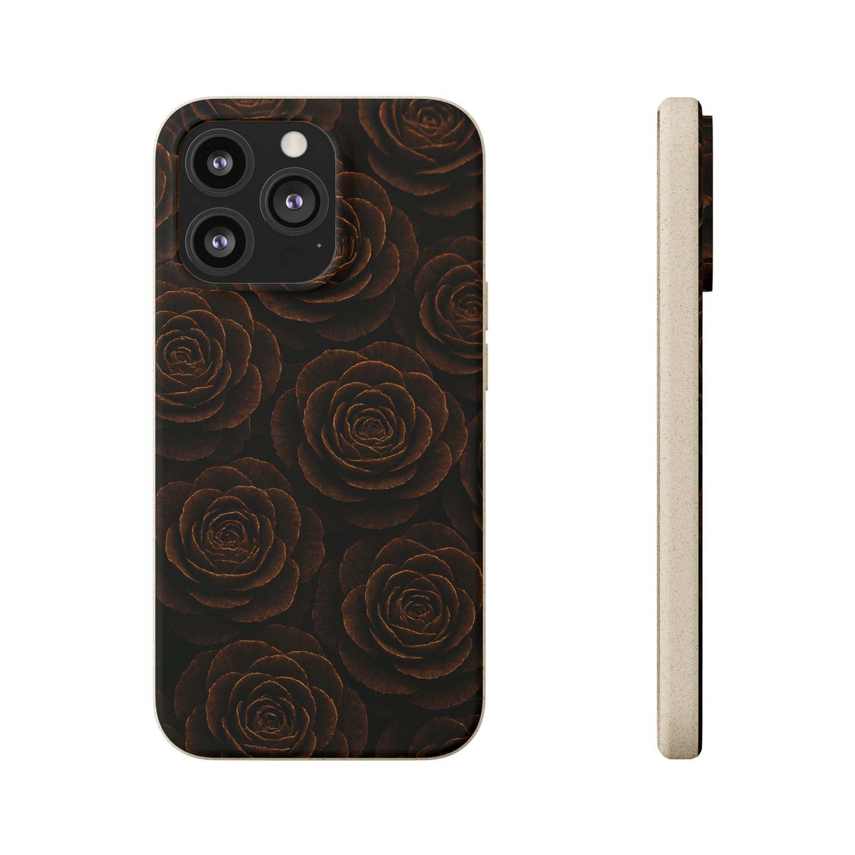 Wood rose phone case with dark rose swirl pattern, camera cutouts; slim beige side profile.