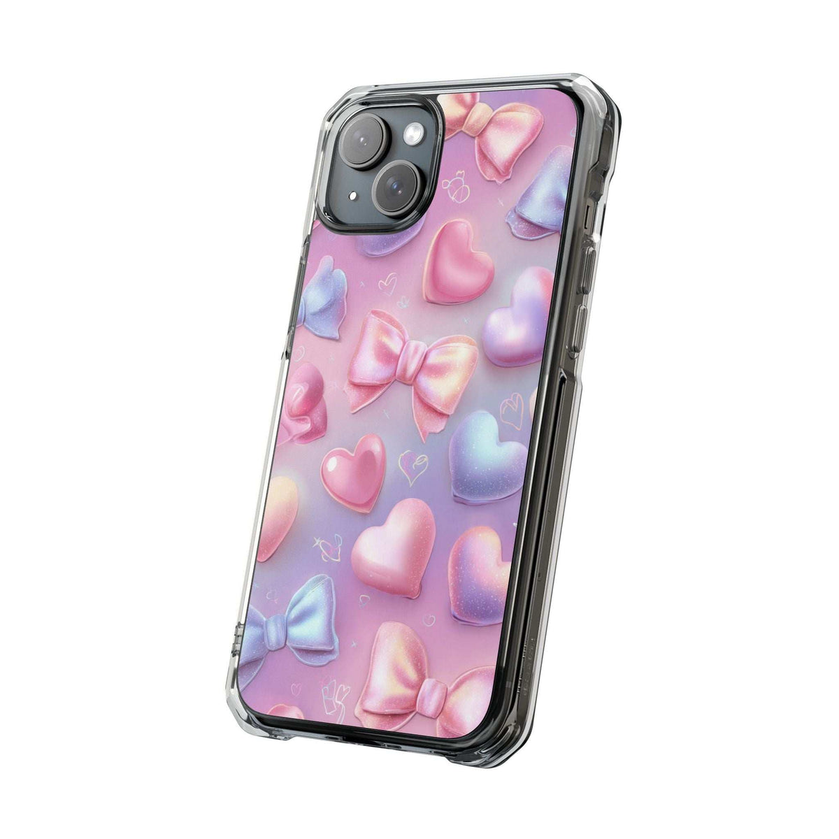 Pastel hearts and bows phone case with clear frame, protective corner edges
