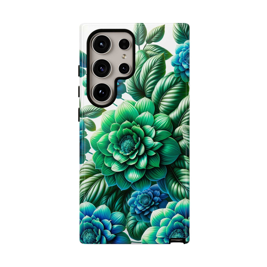 Green and blue floral phone case with leafy pattern and camera cutouts