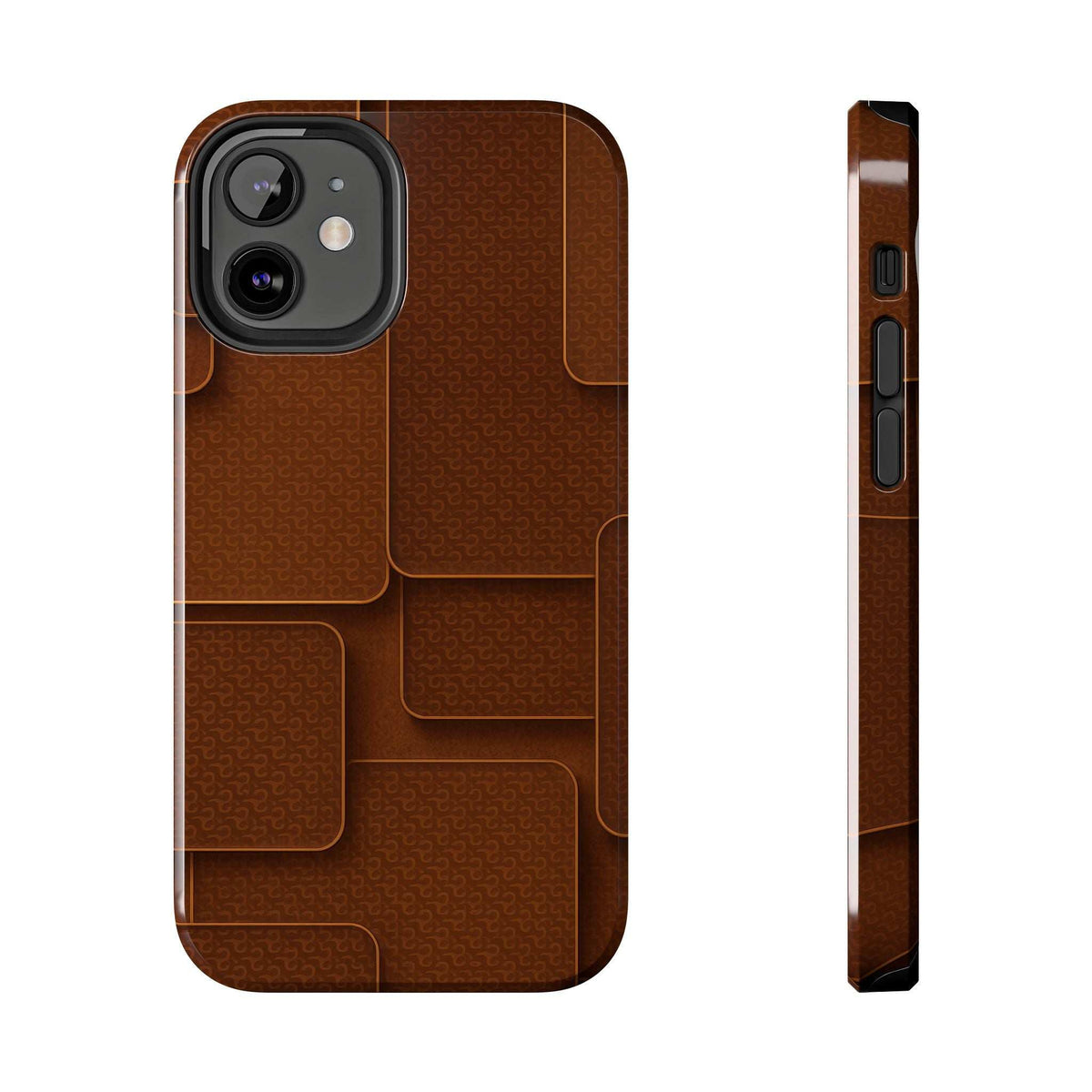 Brown textured phone case with raised panel pattern and side button access.