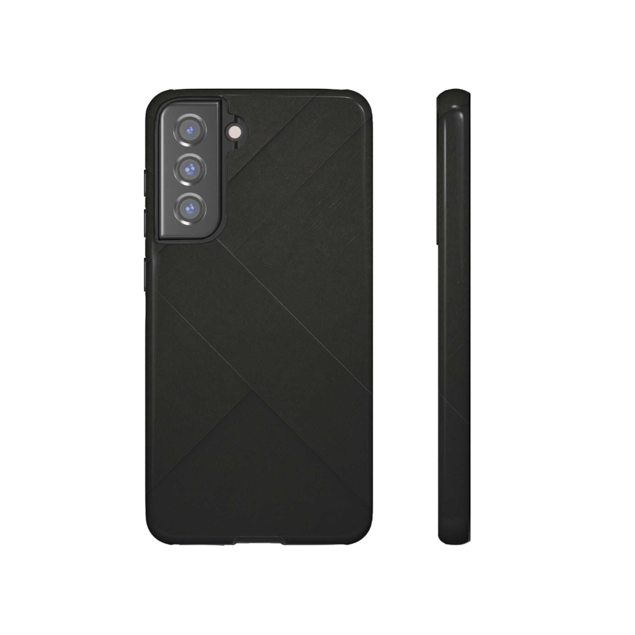 Matte black phone case with diagonal line pattern and raised camera module cutouts