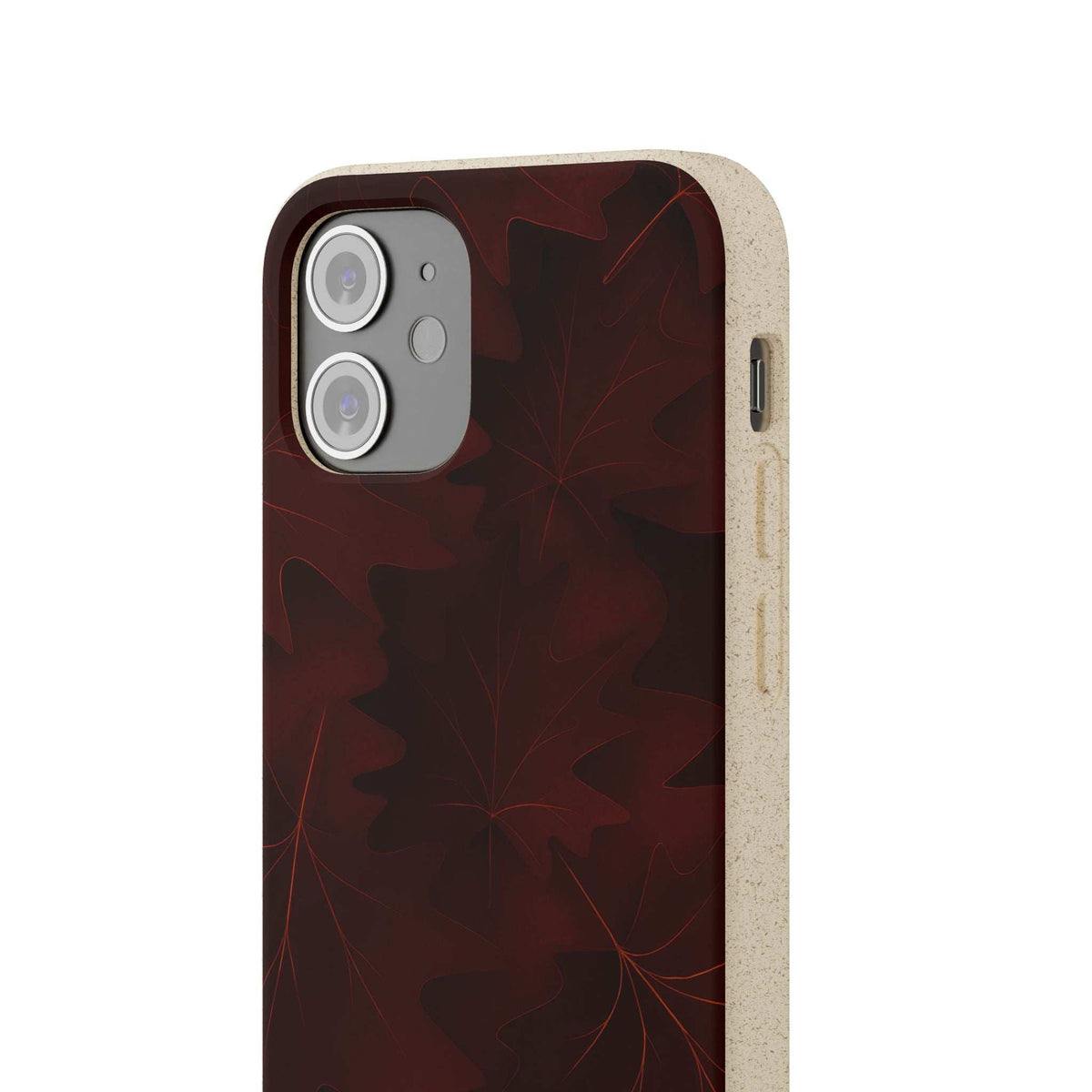 Leaf-pattern phone case back in dark maroon with red leaf graphics