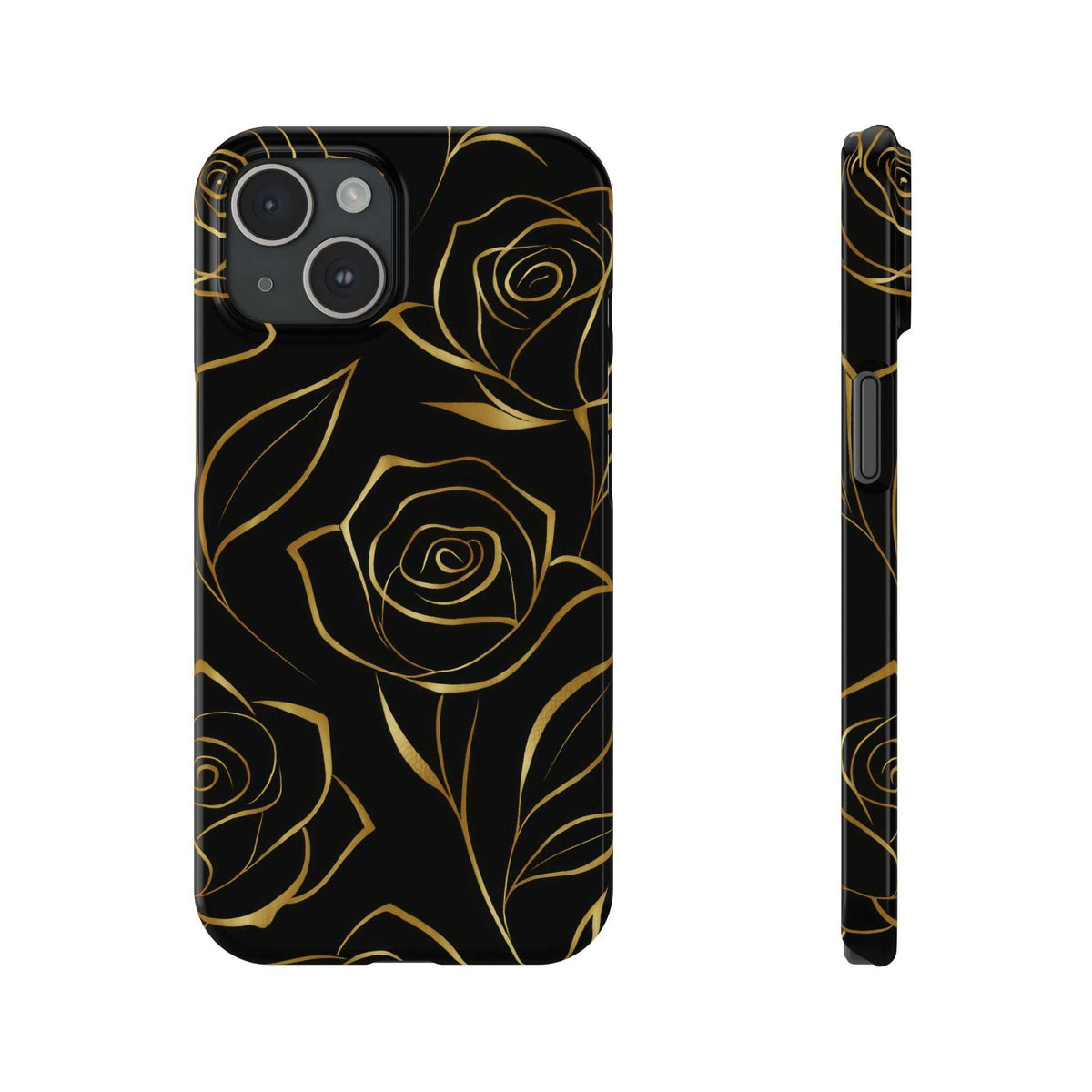 Black phone case with gold roses and slim side profile with button openings.