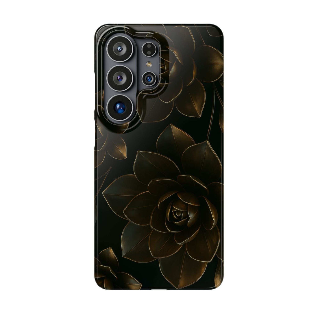 Black glossy phone case with gold rose and leaf pattern; multi-camera openings