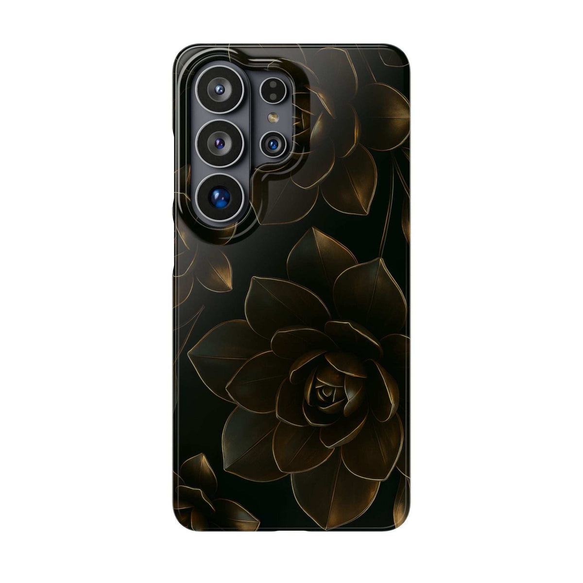 Black glossy phone case with gold rose and leaf pattern; multi-camera openings
