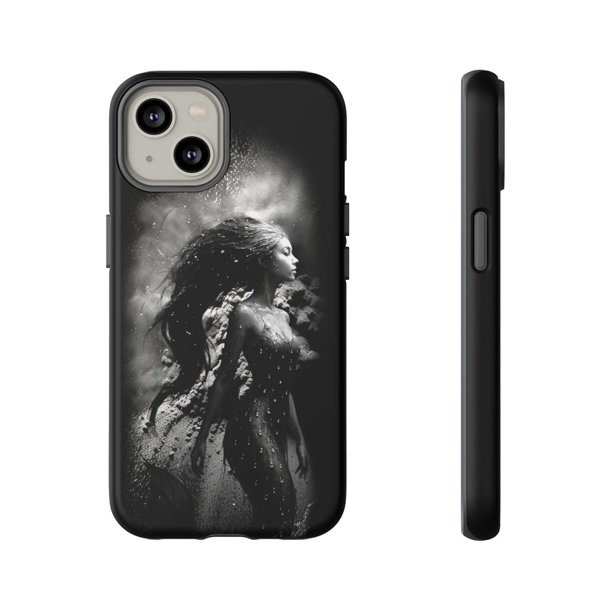 Black monochrome mermaid phone case with front camera cutouts and long side bar