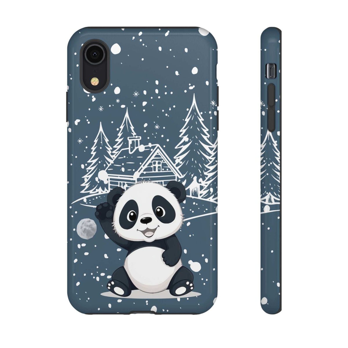 Dark blue phone case with panda in snowfall, front view and side profile