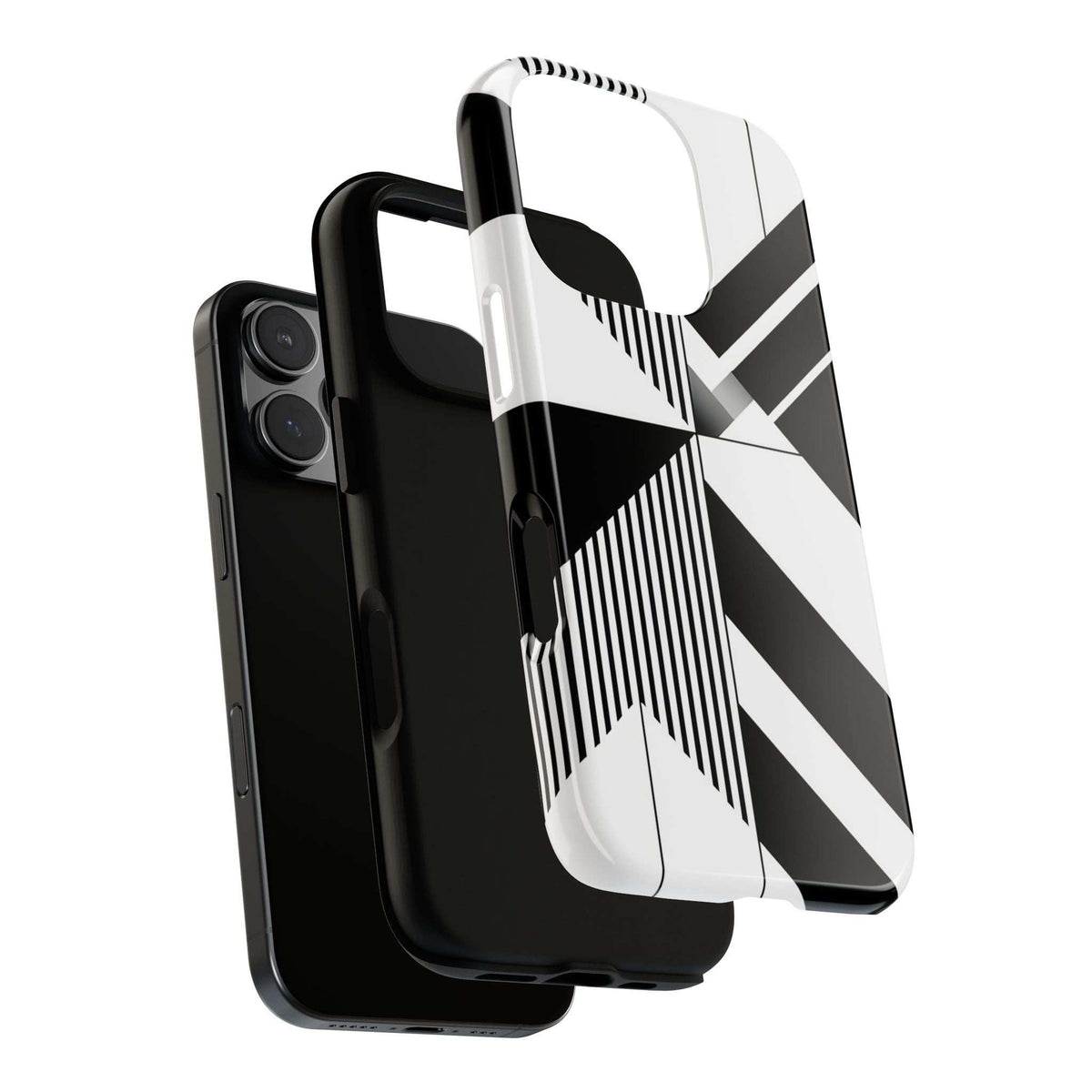 Monochrome tough phone case with black-and-white geometric stripe pattern and handhold frame