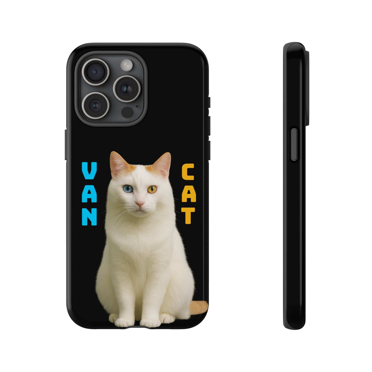 Glossy black cat print phone case with rear camera cutouts and side profile