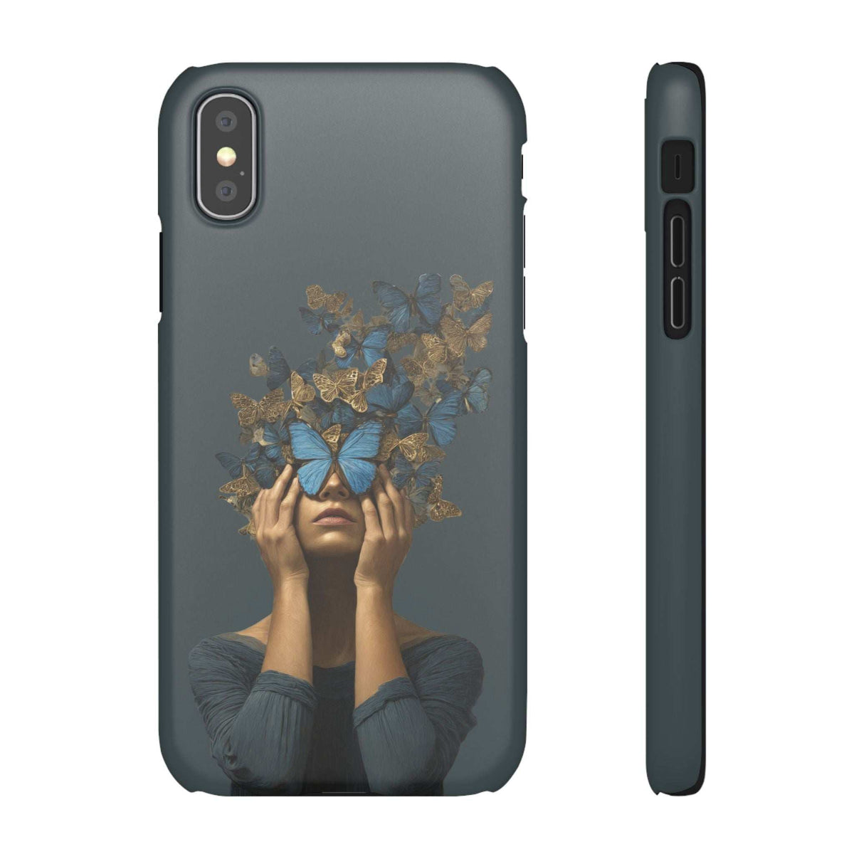Dark gray phone case with centered butterfly face artwork and side port openings
