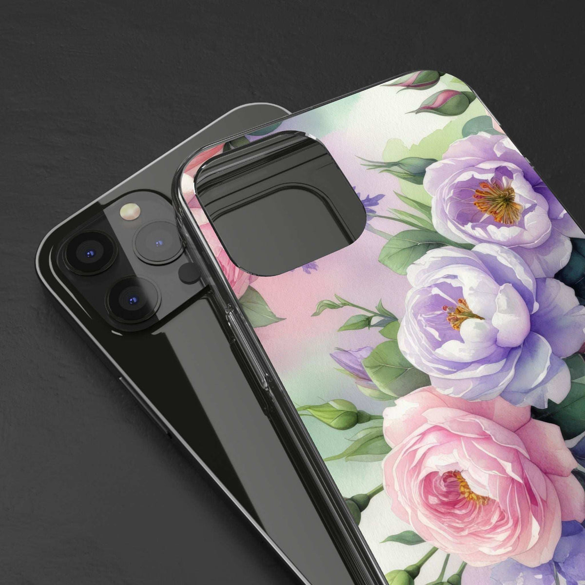 Clear floral phone case with purple and pink peony flowers, transparent protective frame