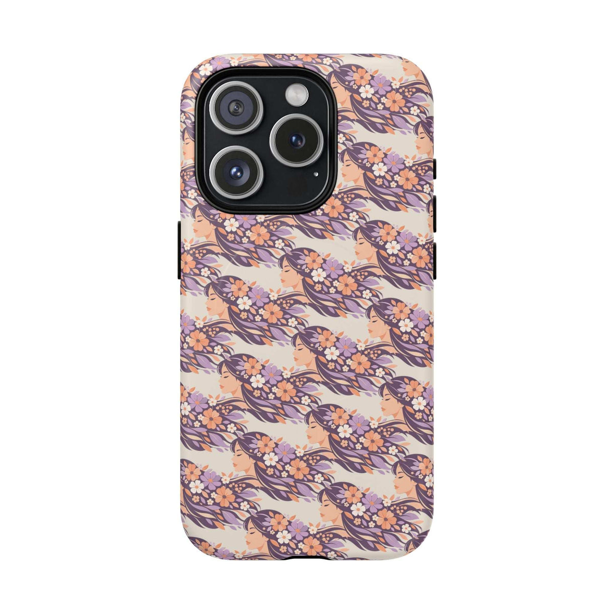 Floral iPhone 13-17 phone case, pastel floral design with triple-lens camera opening
