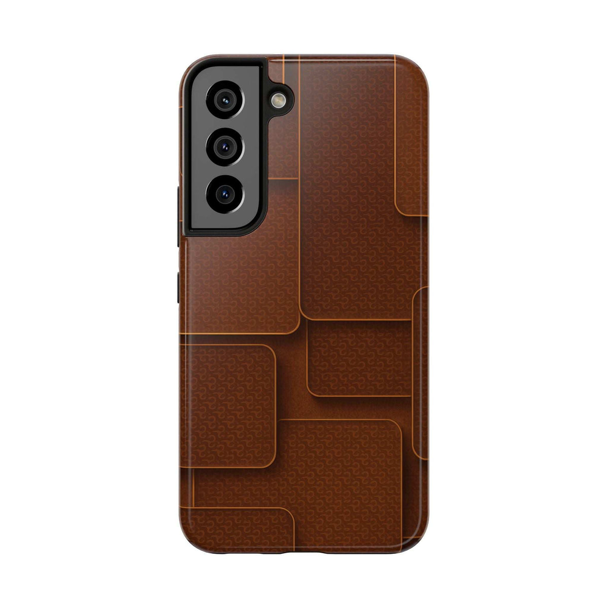 Brown textured phone case with raised panel design and camera lens openings.