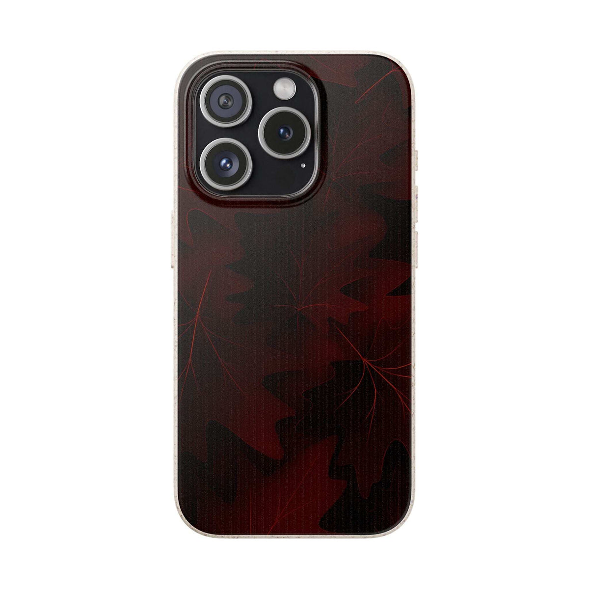 Dark red phone case with autumn leaf pattern, raised triple-camera cutout
