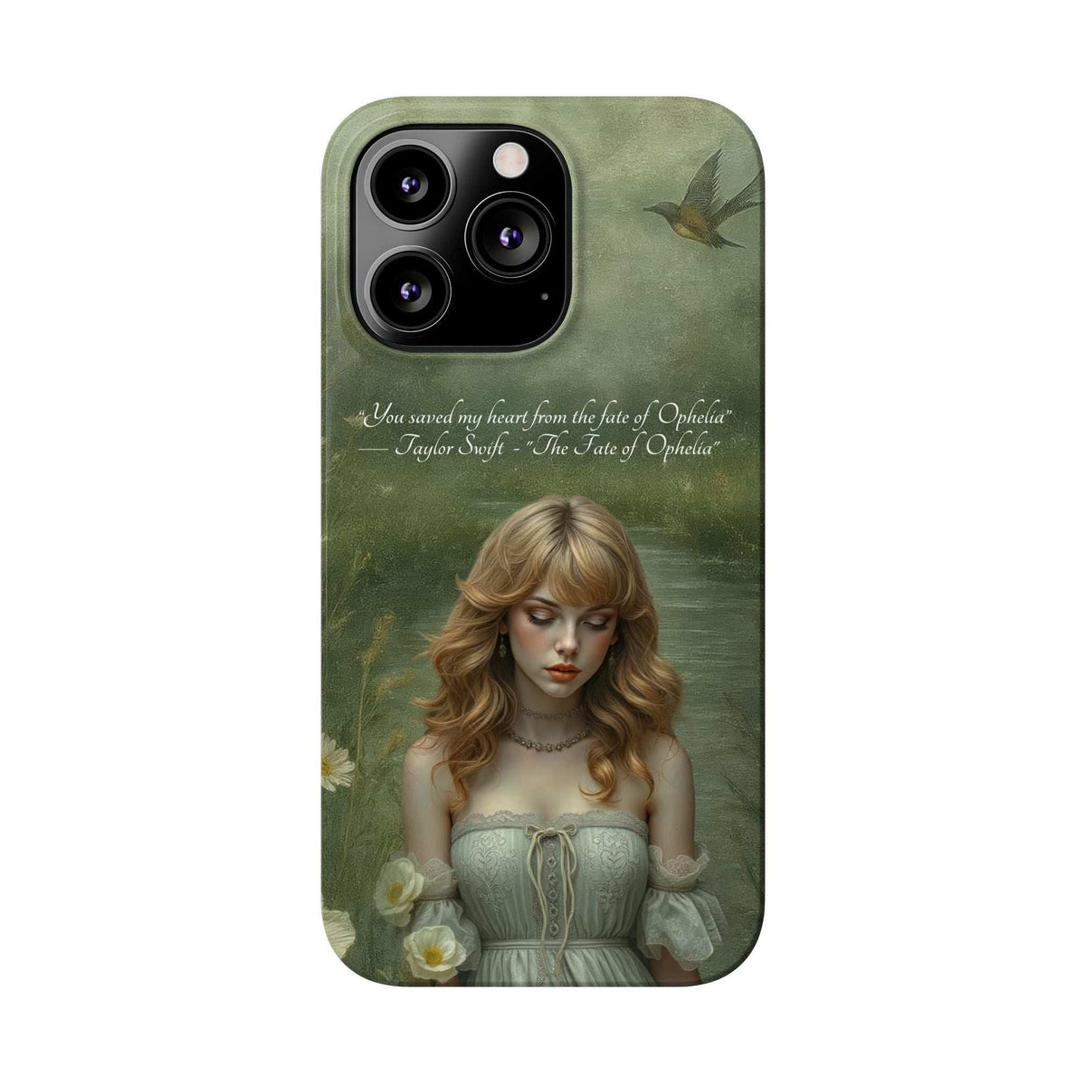 Green phone case with blonde woman portrait; bird at top right; triple camera cutout