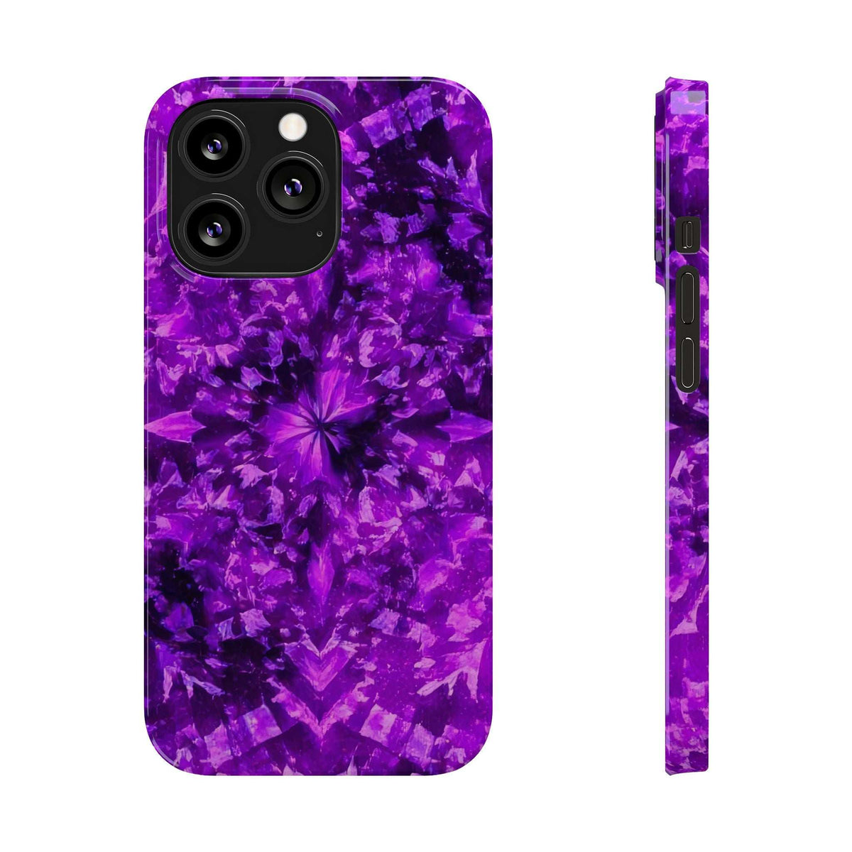 Purple kaleidoscope phone case front and side, starburst floral design with port openings