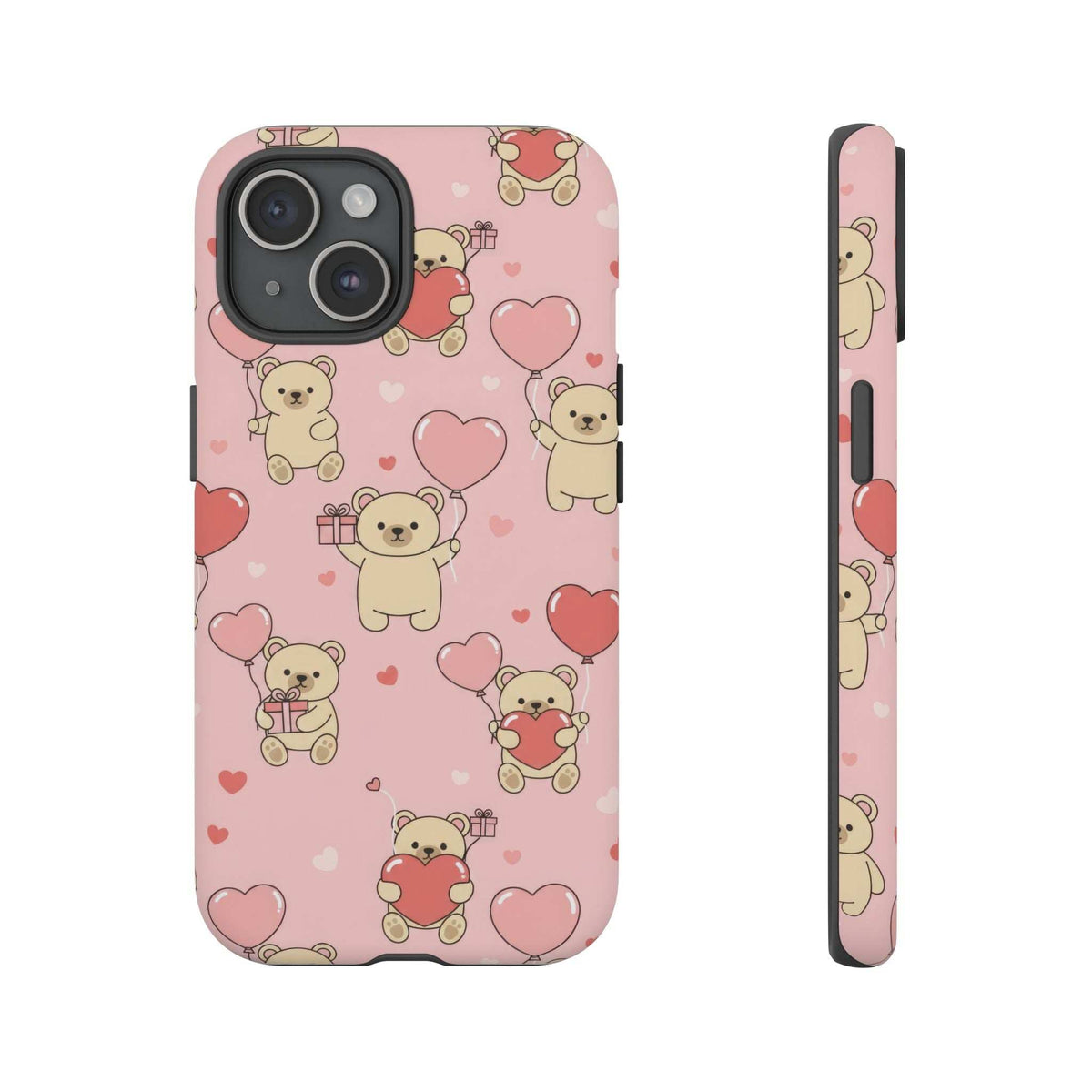 Pink phone case with teddy bears and hearts pattern; camera cutout and side buttons