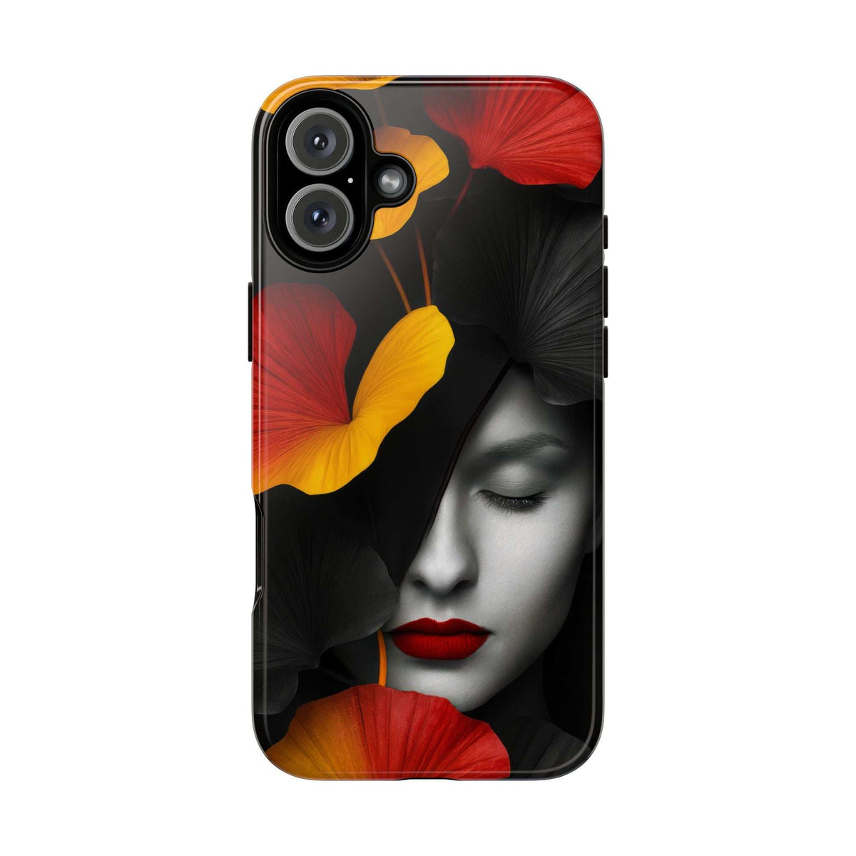 Hidden Emotions glossy phone case with black floral lady face and red lips