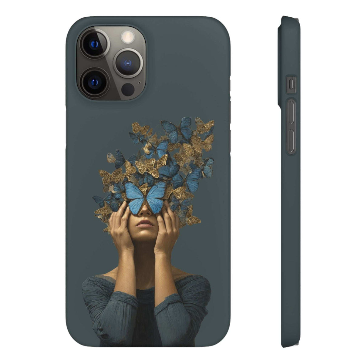 Dark gray phone case featuring blue-and-gold butterfly portrait; camera lens cutouts on back