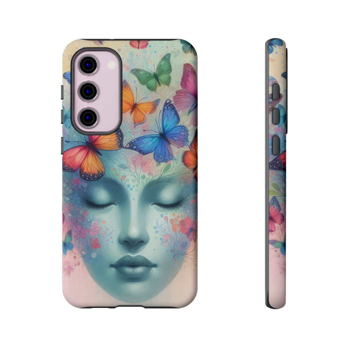 Phone case with colorful butterflies and blue face artwork, slim side panel visible