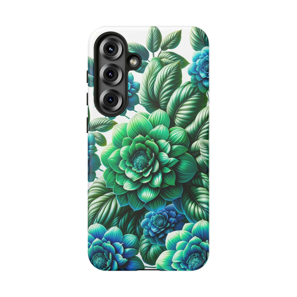 Floral phone case with leafy green pattern and blue flowers, camera cutouts on back