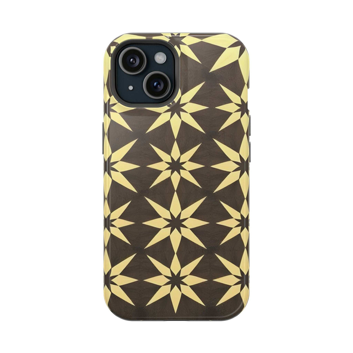 Star geometric phone case front panel, black base with gold starburst pattern.
