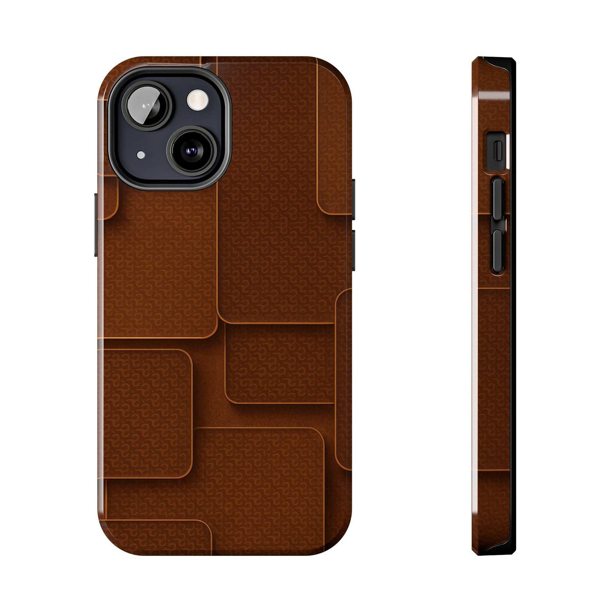 Brown textured phone case with camera cutout and side button ports, front and side view