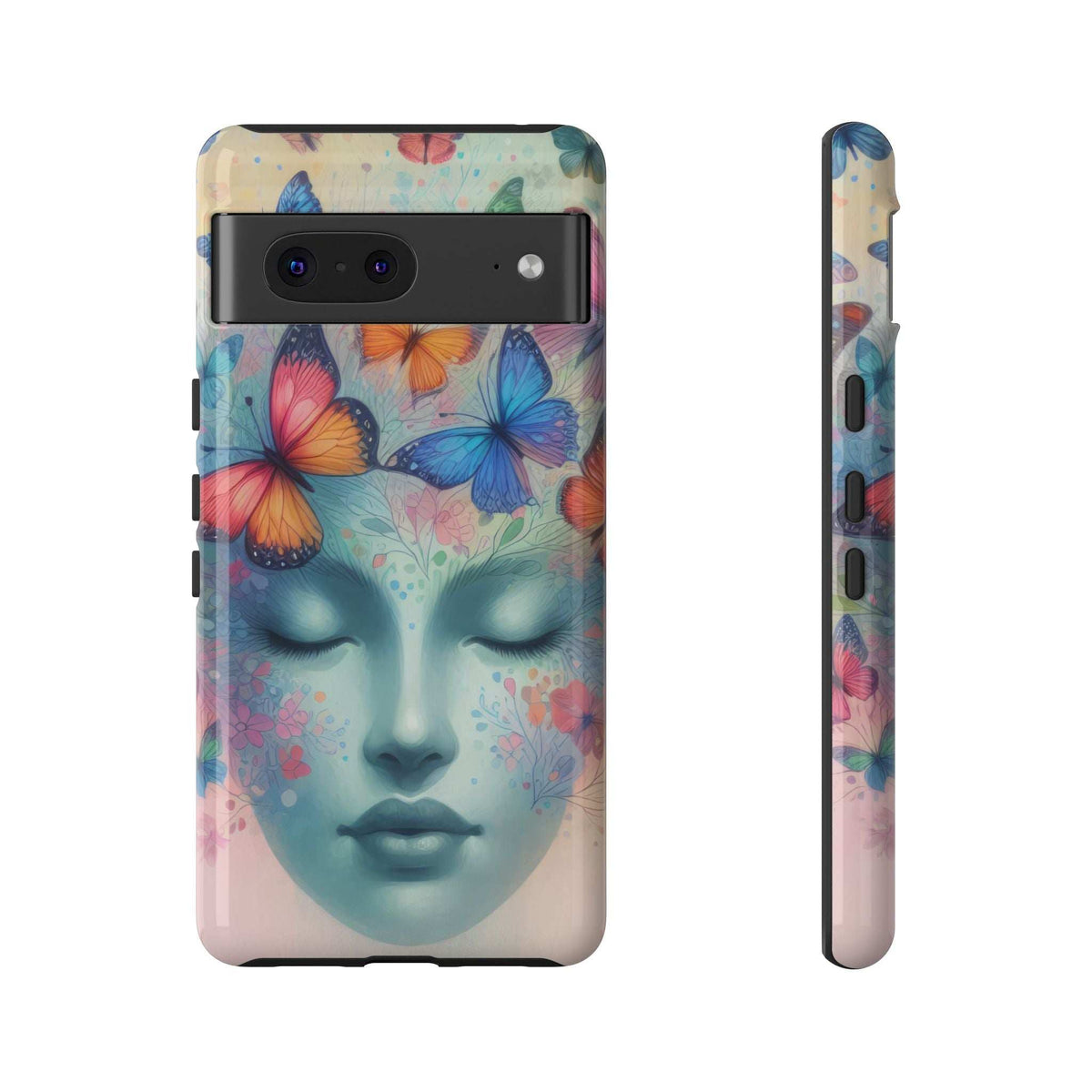 Phone case back view with colorful butterflies over pastel blue face illustration, camera cutouts.