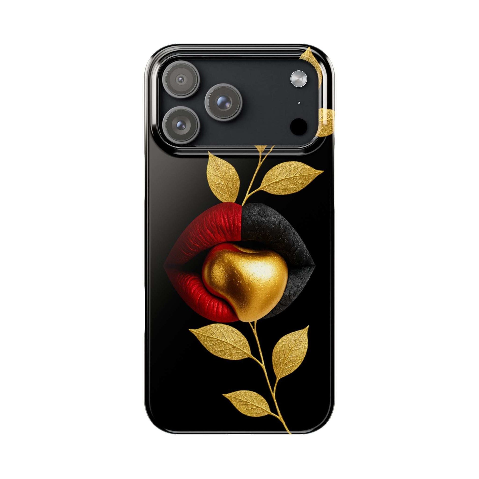 Glossy black phone case with gold lips and leaf artwork
